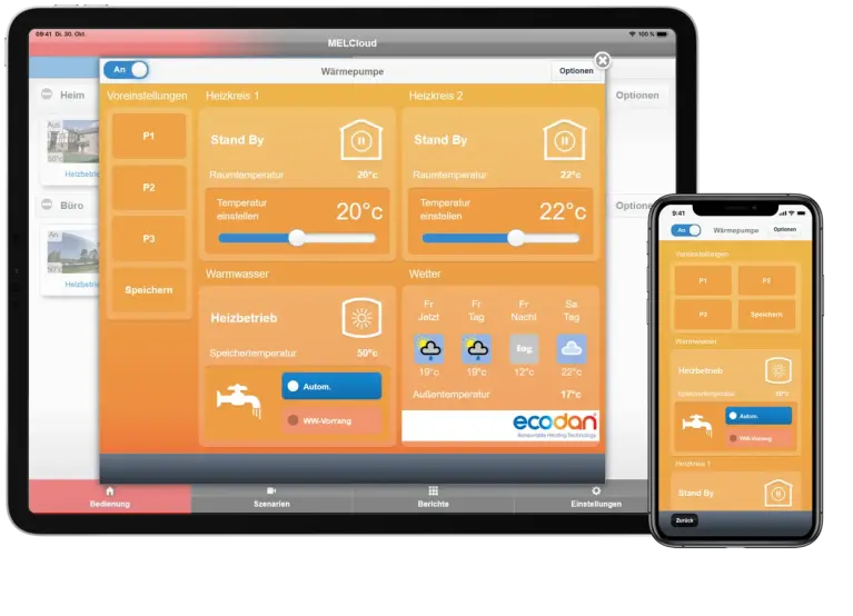 Tablet en smartphone met de MELCloud app open